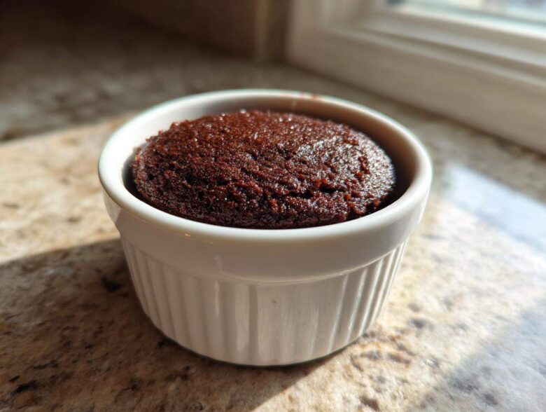 A single, rich, dark brown Cottage Cheese Microwave Brownie baked in a white fluted ramekin.