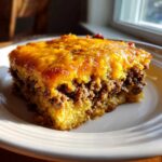 A hearty slice of cowboy cornbread casserole featuring a layer of seasoned ground beef topped with melted cheddar cheese.
