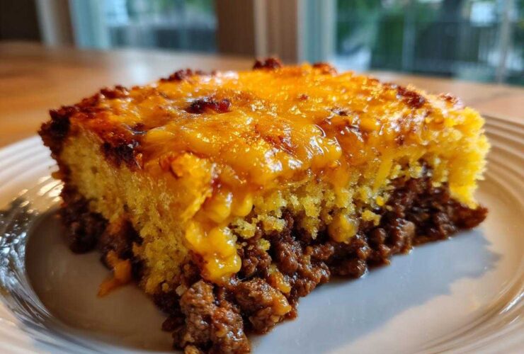 A close-up slice of cowboy cornbread casserole showing a layer of seasoned ground meat topped with bright yellow melted cheese.
