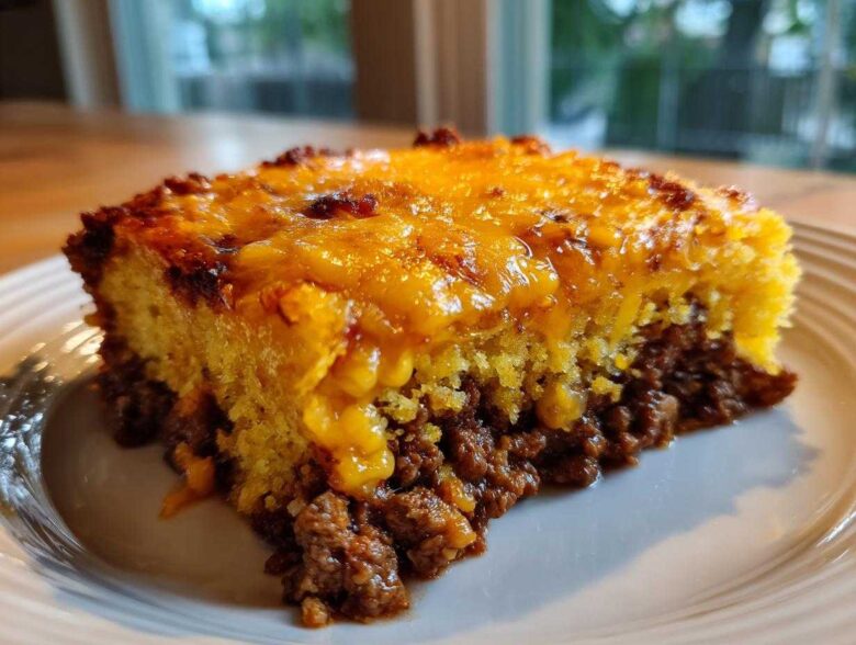 A close-up slice of cowboy cornbread casserole showing a layer of seasoned ground meat topped with bright yellow melted cheese.