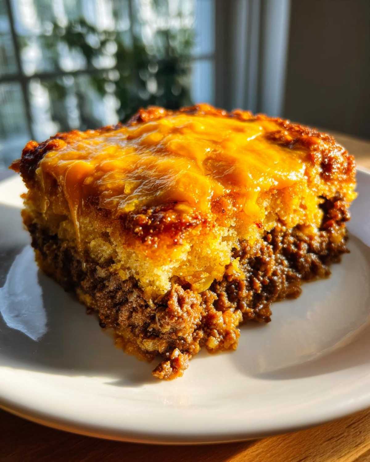 A close-up of a hearty slice of cowboy cornbread casserole featuring a layer of seasoned ground meat topped with melted cheddar cheese.