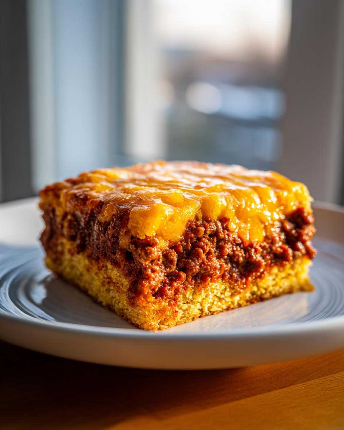 A square slice of cowboy cornbread casserole showing a thick layer of seasoned ground meat topped with melted cheddar cheese.