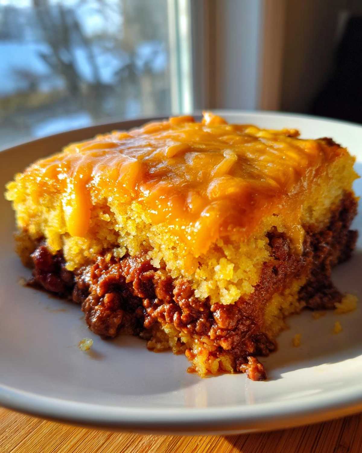 A close-up serving of cowboy cornbread casserole featuring a layer of chili and melted cheddar cheese on top.
