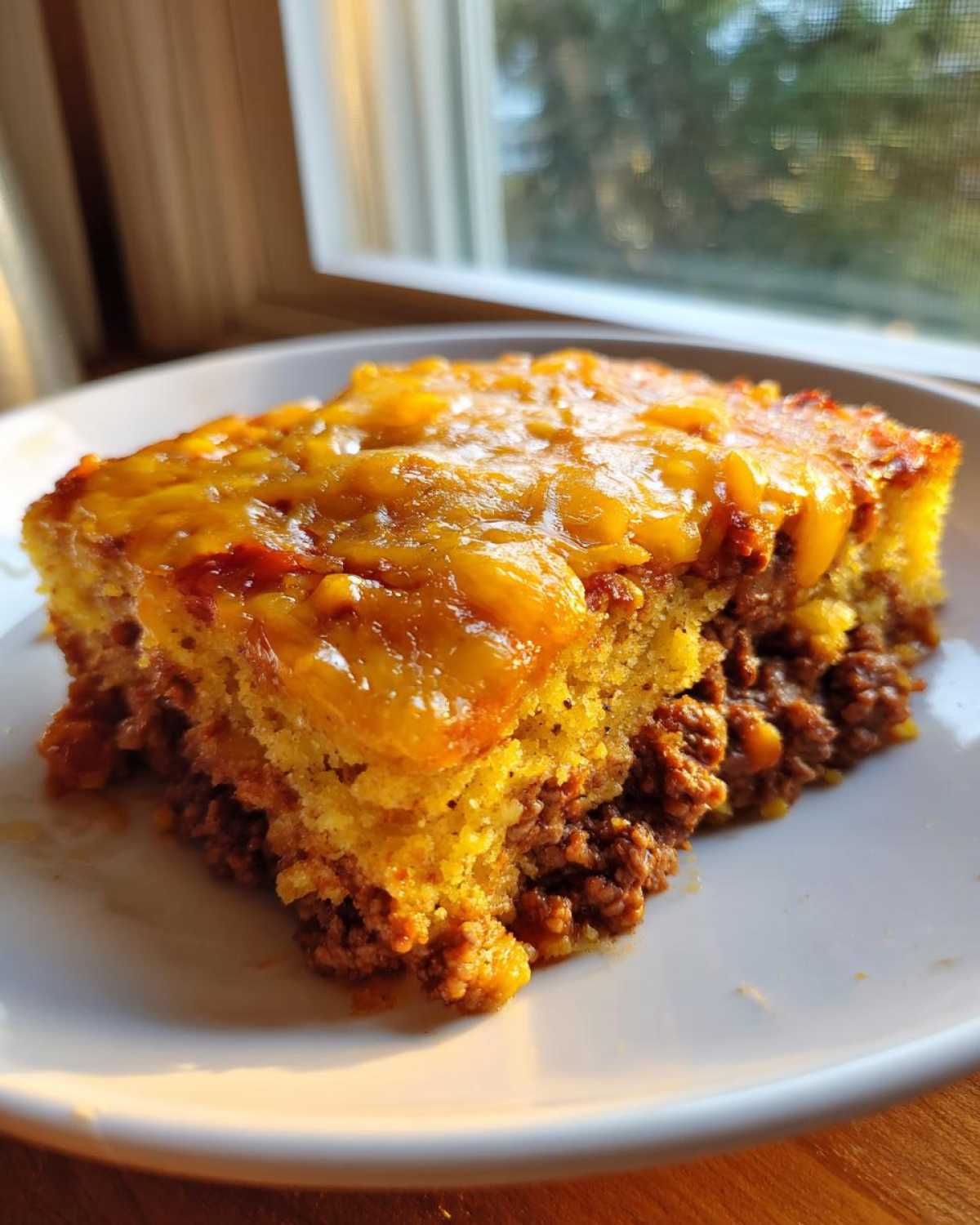 A hearty slice of cowboy cornbread casserole featuring a thick layer of seasoned ground meat topped with melted cheddar cheese.