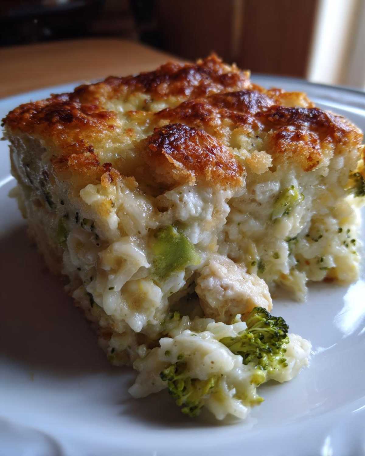 A close-up of a creamy slice of chicken broccoli rice casserole with a golden-brown, cheesy top.