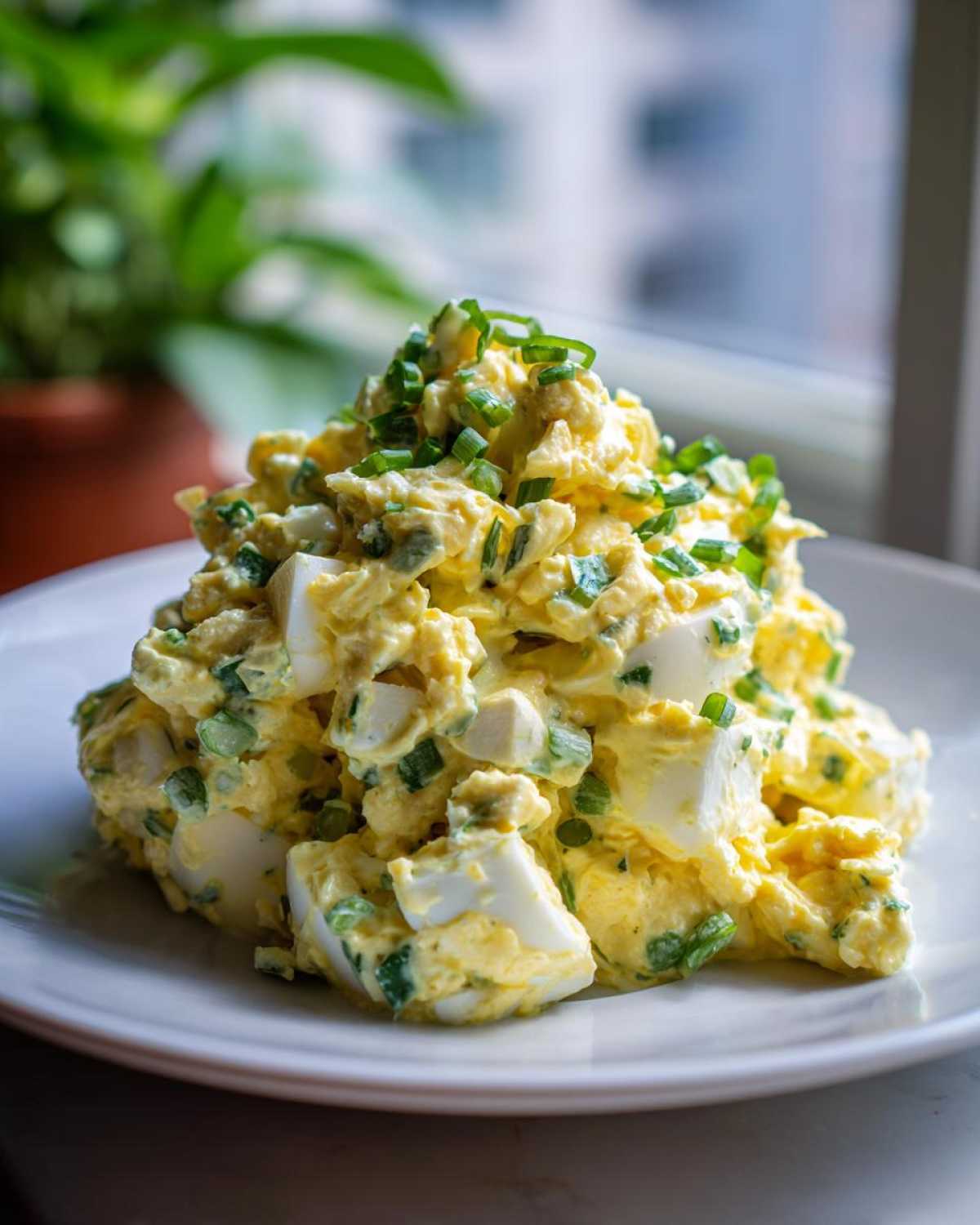A generous mound of creamy egg salad recipe, topped with fresh chopped green onions, served on a white plate.