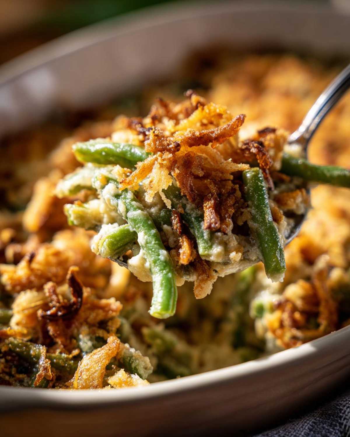 A spoonful of creamy green bean casserole topped with crispy fried onions being lifted from a baking dish.