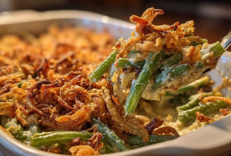 A spoonful of creamy green bean casserole topped with crispy fried onions being lifted from the baking dish.