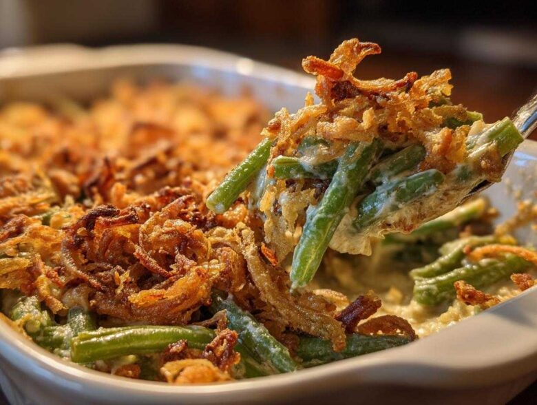 A spoonful of creamy green bean casserole topped with crispy fried onions being lifted from the baking dish.
