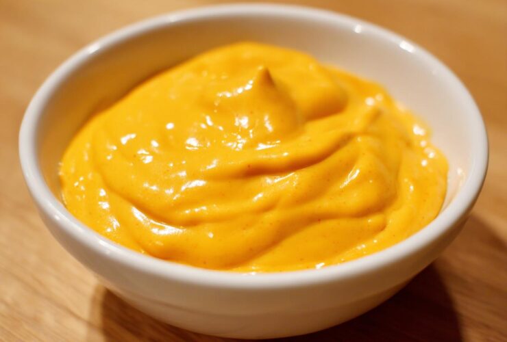 A close-up of thick, vibrant orange homemade nacho cheese sauce in a small white bowl.