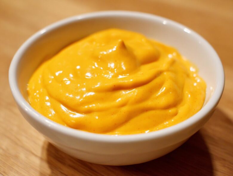 A close-up of thick, vibrant orange homemade nacho cheese sauce in a small white bowl.