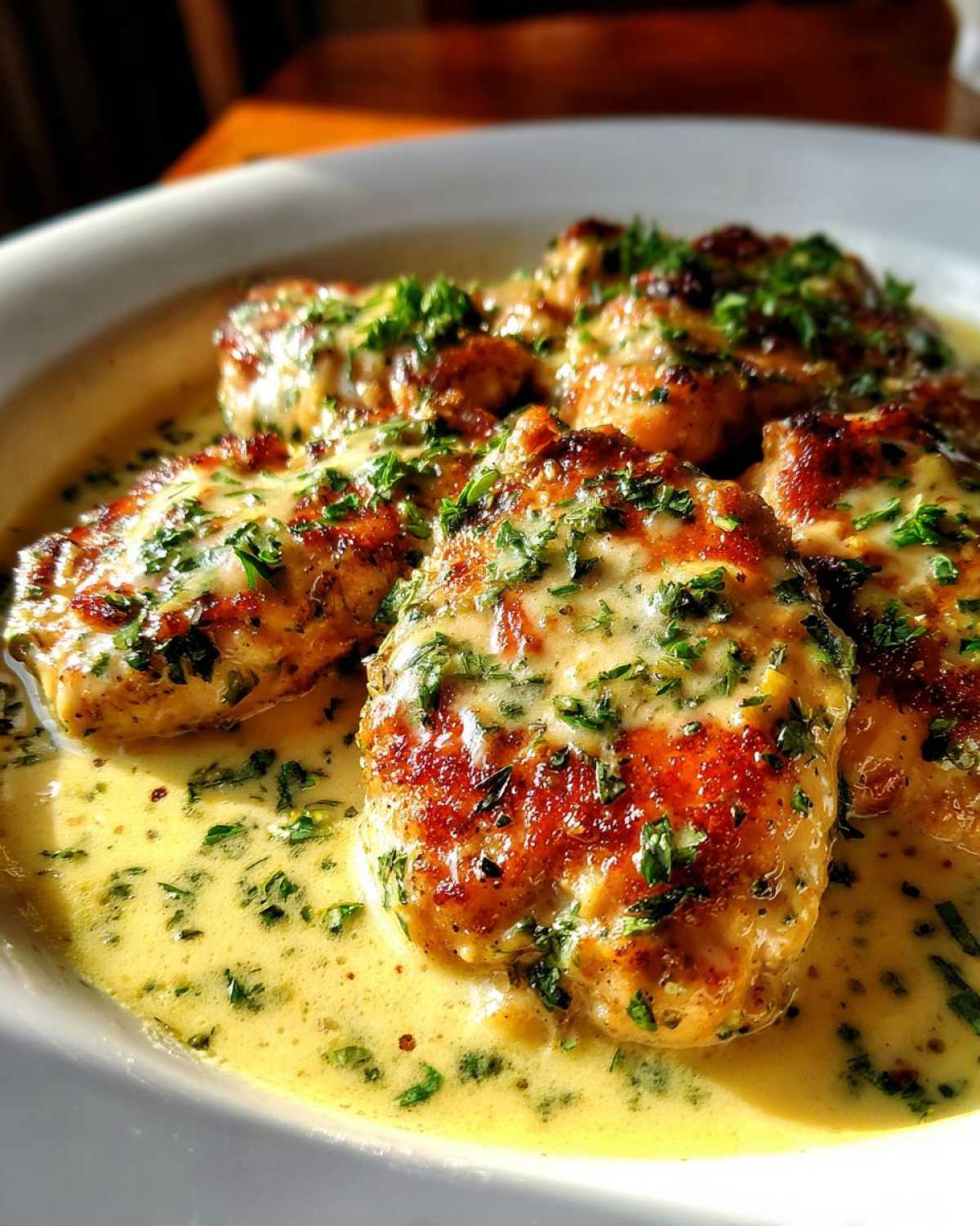 Close-up of pan-seared chicken breasts smothered in a rich, creamy lemon chicken sauce and topped with fresh parsley.