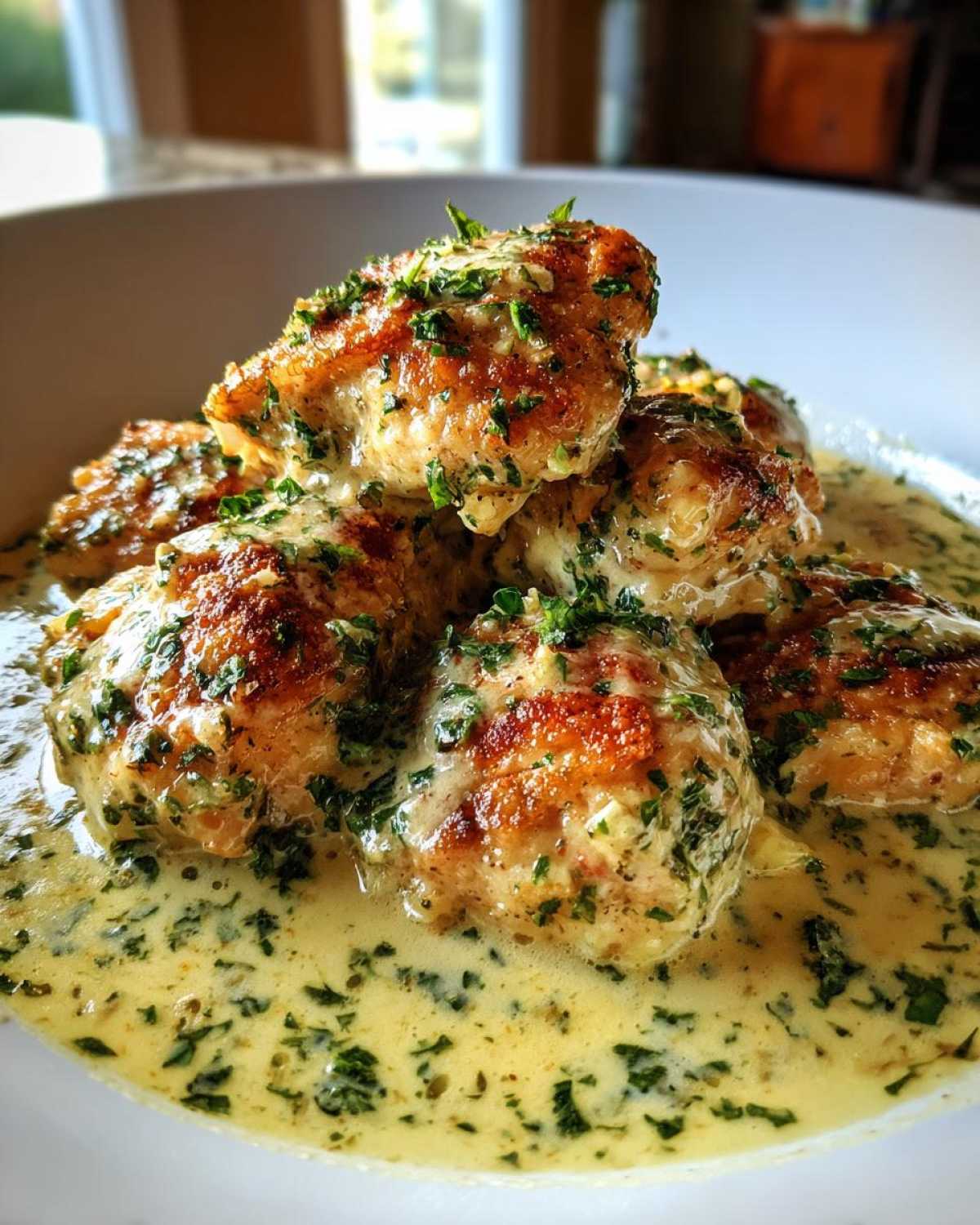 Close-up of pan-seared pieces of creamy lemon chicken smothered in a rich, herb-flecked sauce.
