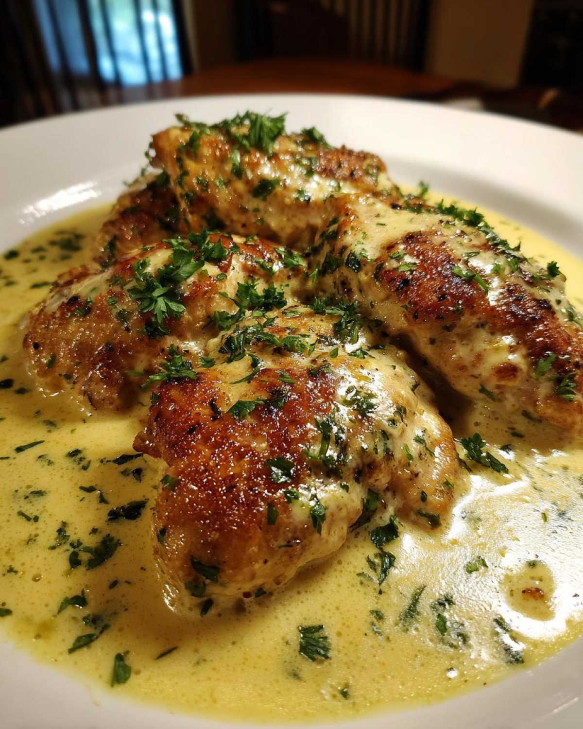 Close-up of pan-seared chicken pieces smothered in a rich, yellow creamy lemon chicken sauce and topped with fresh parsley.