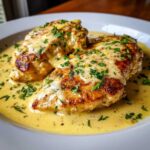 Two golden-brown chicken breasts smothered in a rich, creamy lemon sauce and sprinkled with fresh parsley.