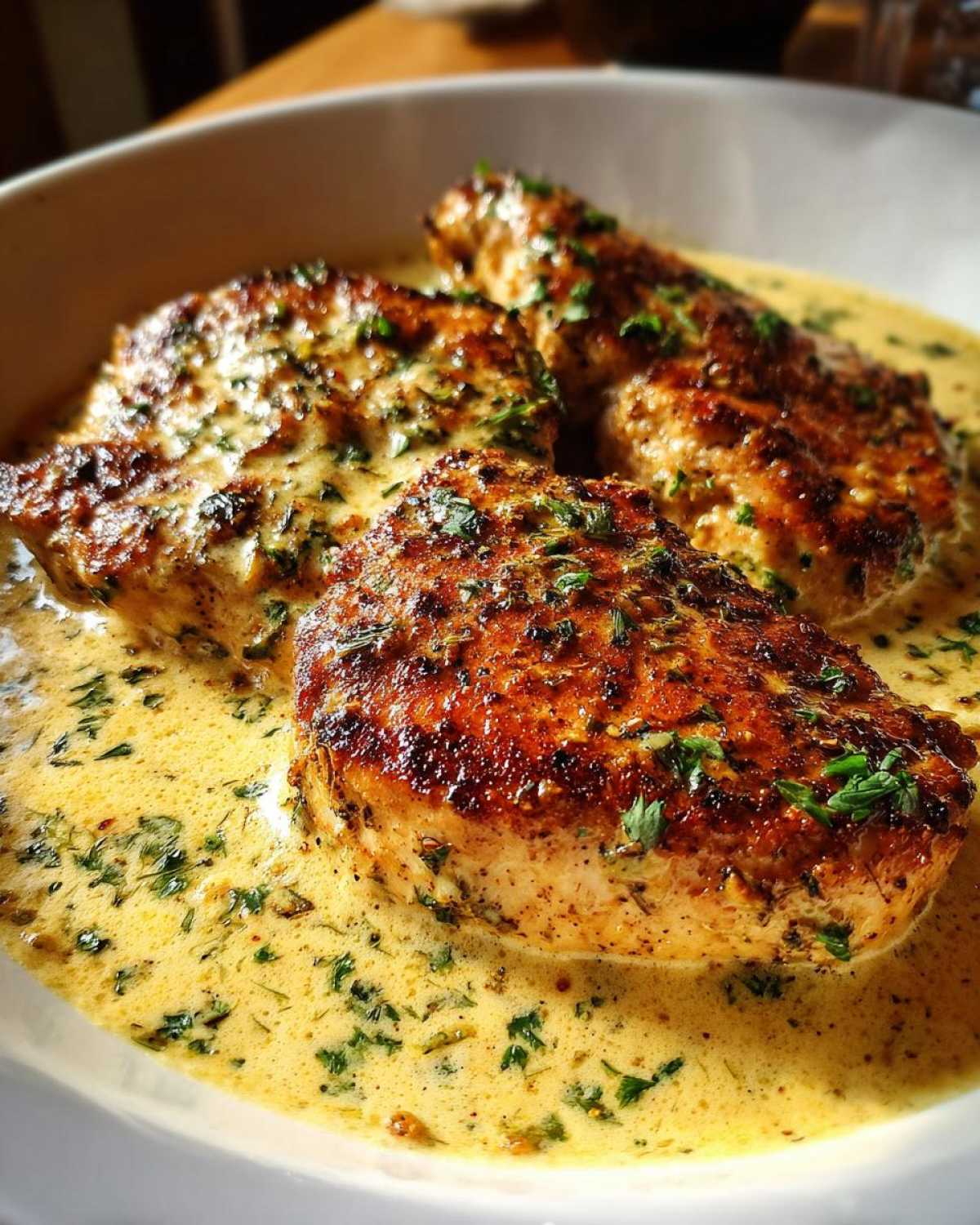 Close-up of three seared chicken breasts smothered in a rich, creamy lemon chicken sauce and sprinkled with parsley.