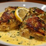 Close-up of seared chicken breasts smothered in a rich, creamy lemon chicken sauce, garnished with parsley and a lemon slice.