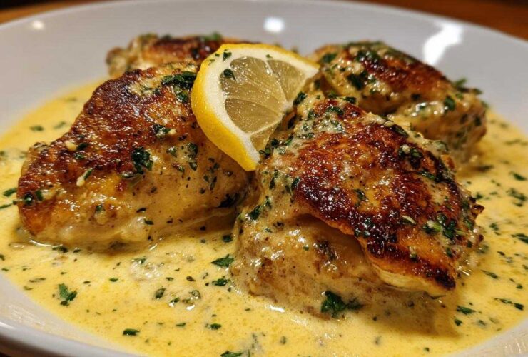 Close-up of seared chicken breasts smothered in a rich, creamy lemon chicken sauce, garnished with parsley and a lemon slice.