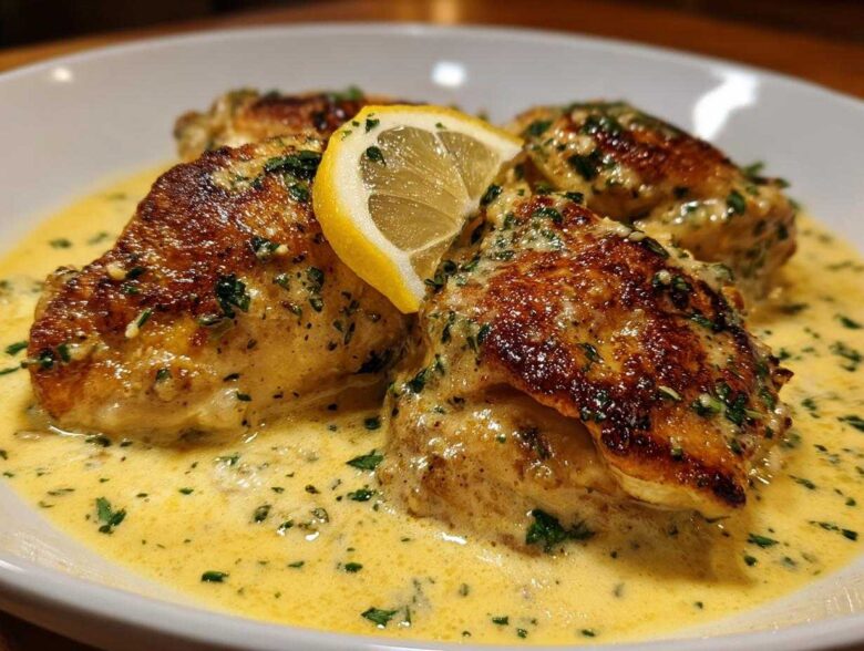 Close-up of seared chicken breasts smothered in a rich, creamy lemon chicken sauce, garnished with parsley and a lemon slice.