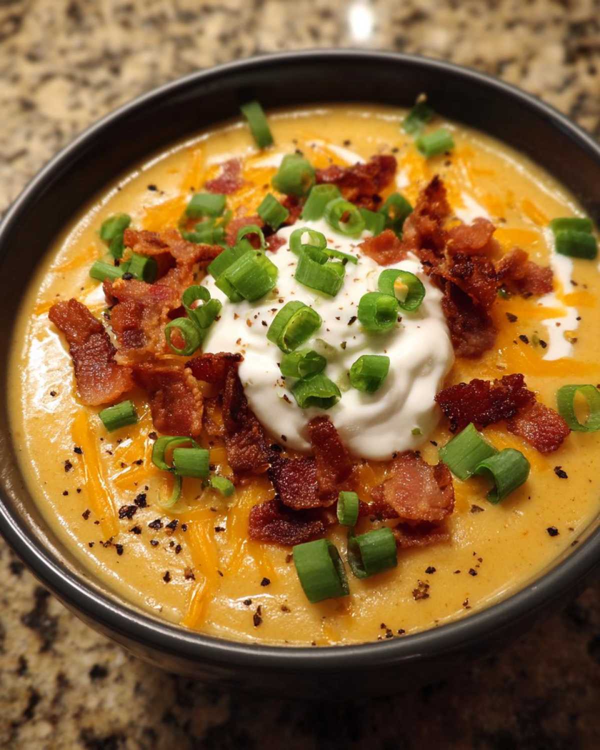 A close-up of creamy loaded baked potato soup topped with sour cream, bacon bits, shredded cheddar, and green onions.