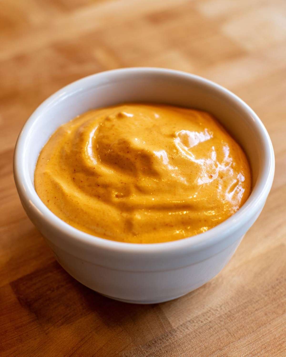Close-up of thick, creamy, bright orange nacho cheese sauce served in a small white bowl on a wooden surface.