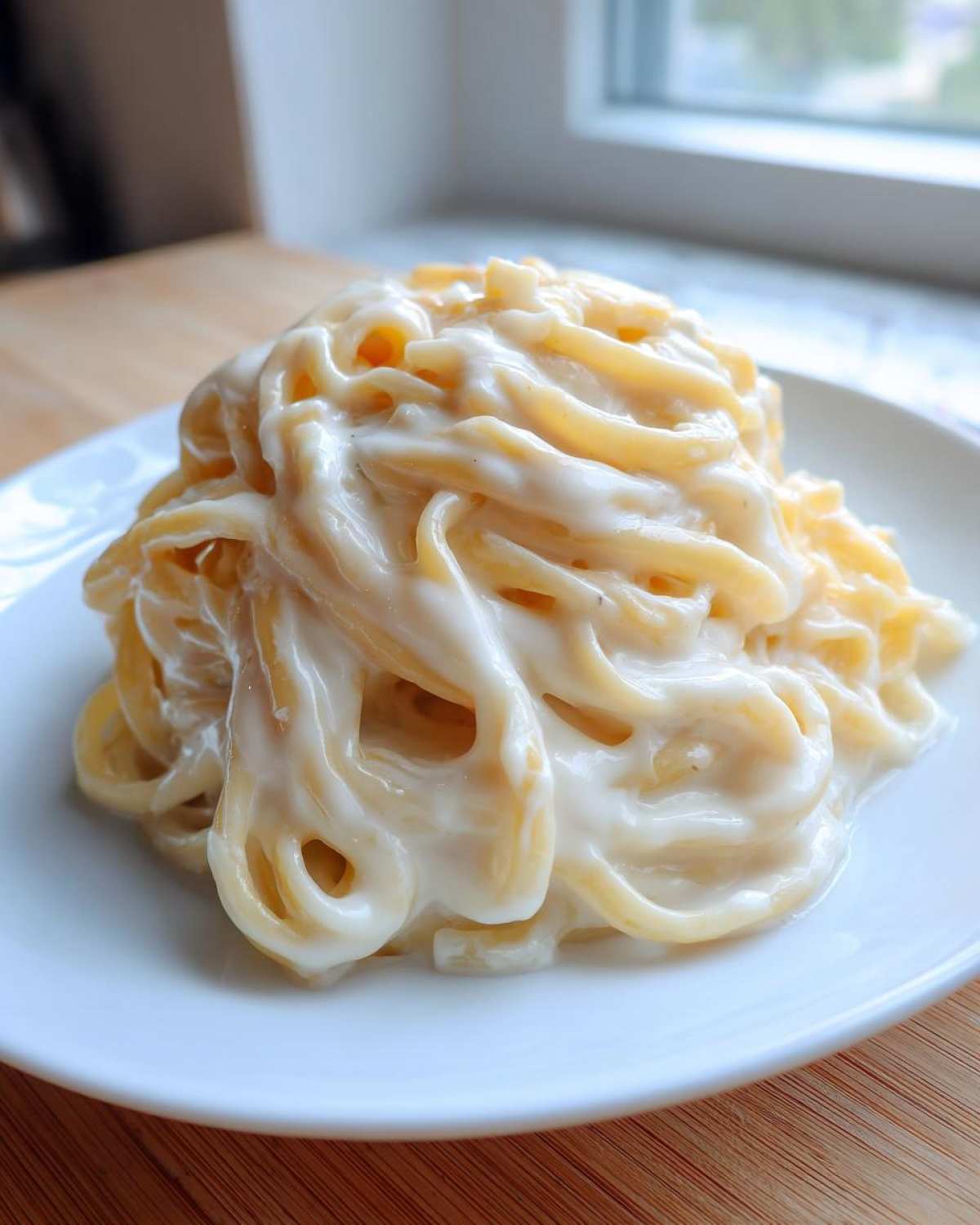 A close-up of fettuccine pasta generously coated in rich, creamy homemade alfredo sauce on a white plate.