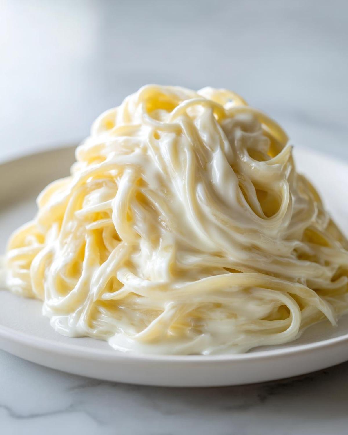 Close-up of fettuccine pasta generously coated in rich, creamy homemade alfredo sauce on a white plate.