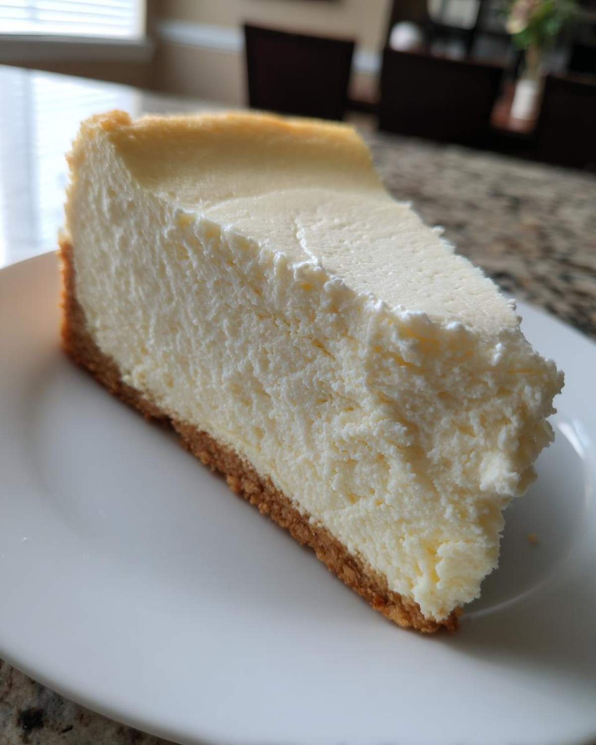 A thick slice of creamy, baked Protein Cheesecake with a graham cracker crust served on a white plate.
