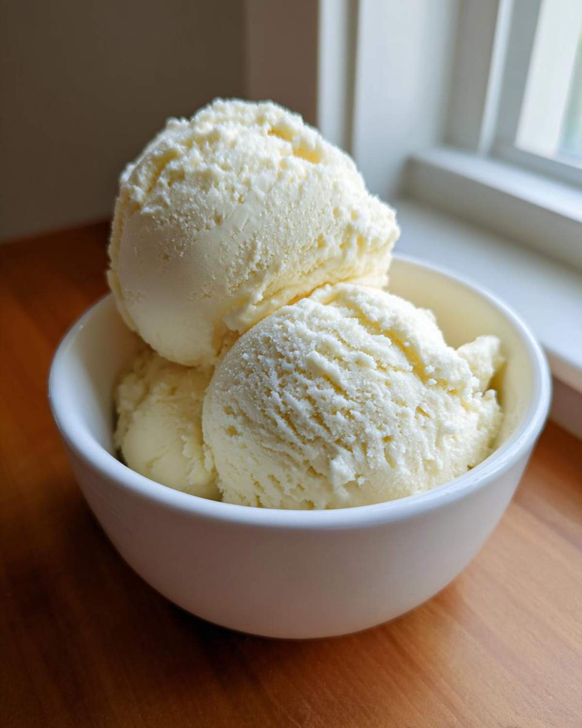 Three scoops of creamy, pale yellow protein ice cream served in a white bowl.