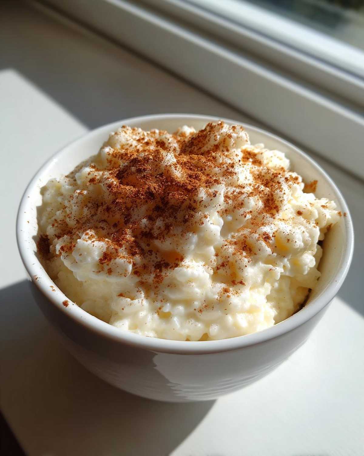 A white bowl filled with creamy rice pudding topped generously with ground cinnamon, sitting on a white surface near a window.