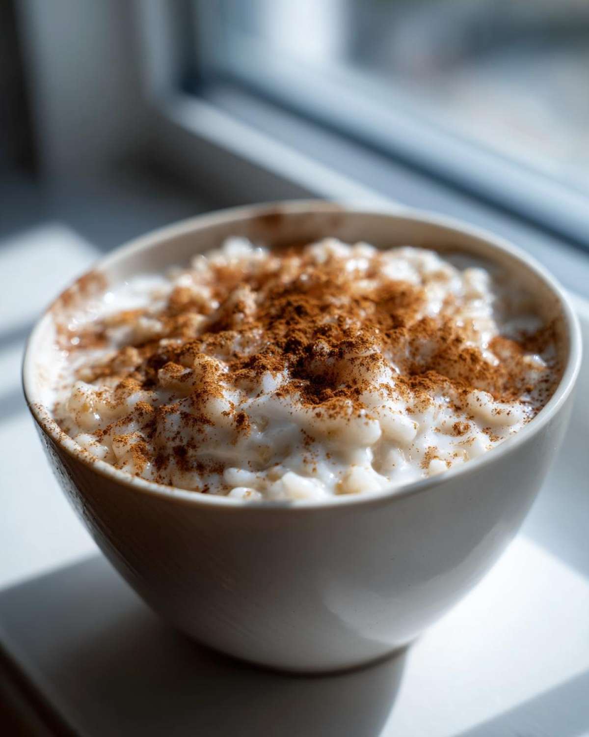 A close-up of creamy rice pudding topped generously with ground cinnamon in a white bowl.