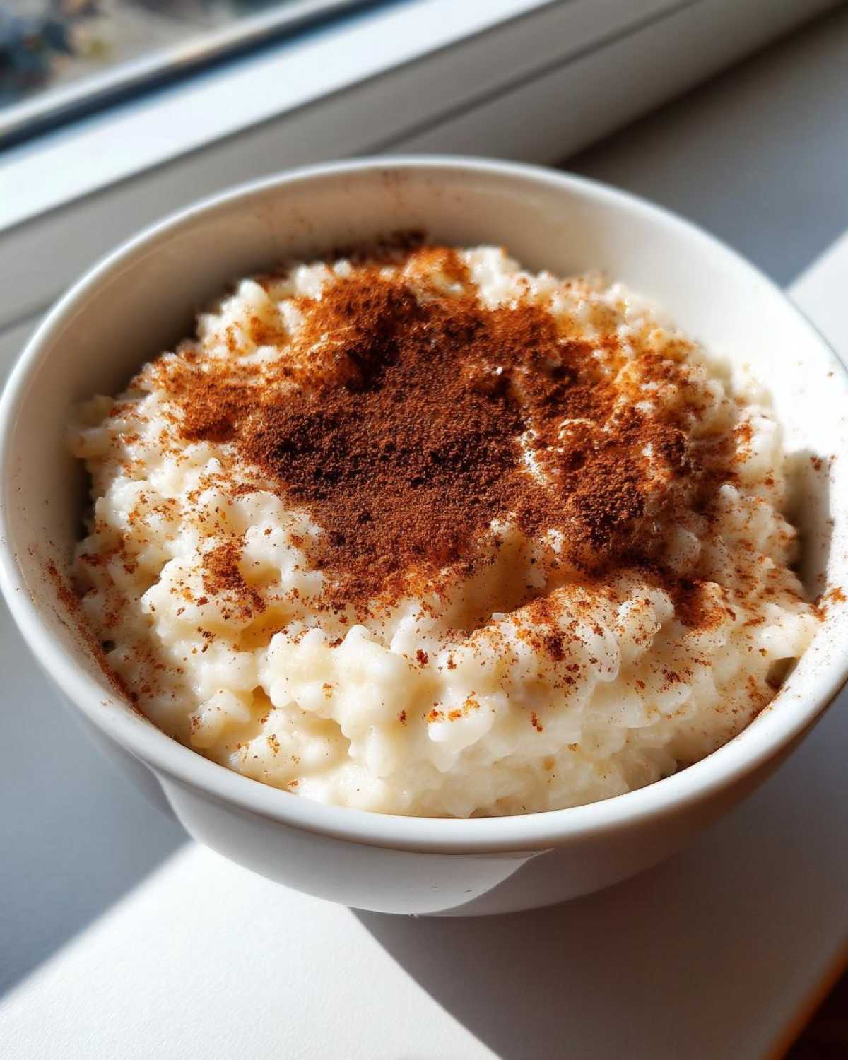Close-up of a white bowl filled with creamy rice pudding generously dusted with cinnamon.