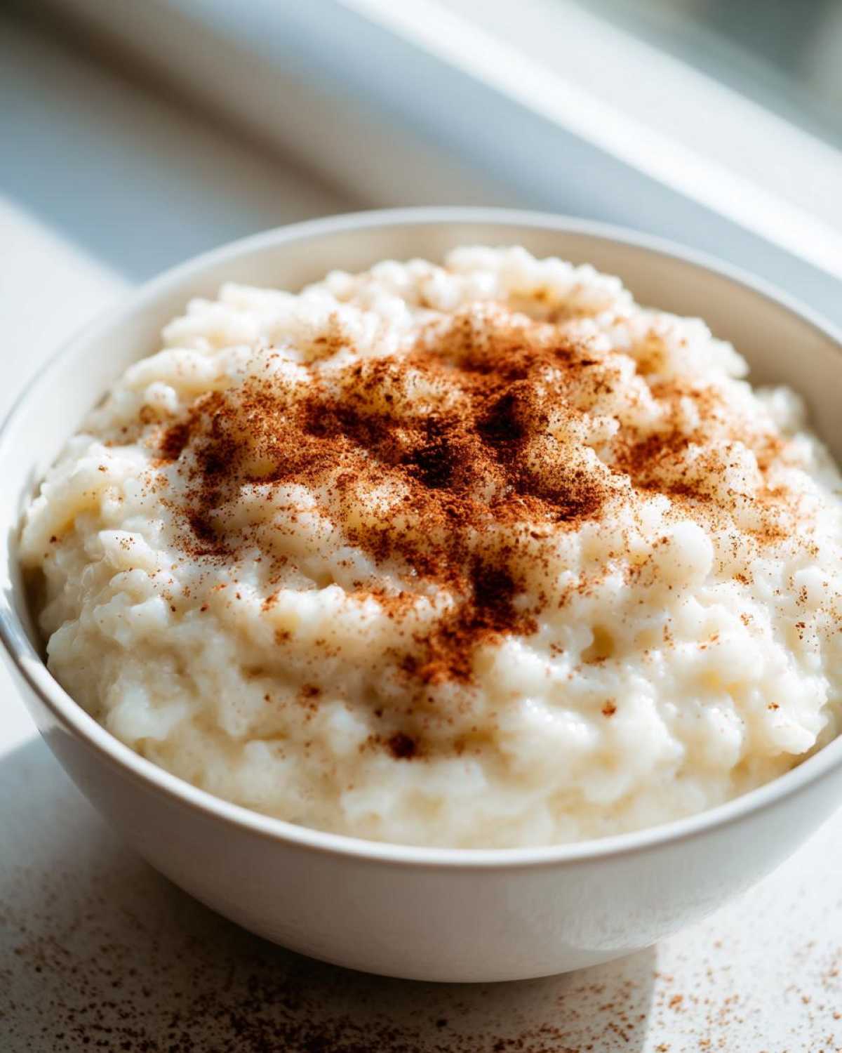 Close-up of creamy rice pudding topped generously with ground cinnamon in a white bowl.