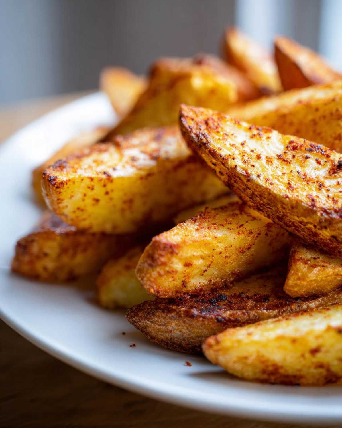 Close-up of perfectly seasoned and crispy air fryer potato wedges piled on a white plate.