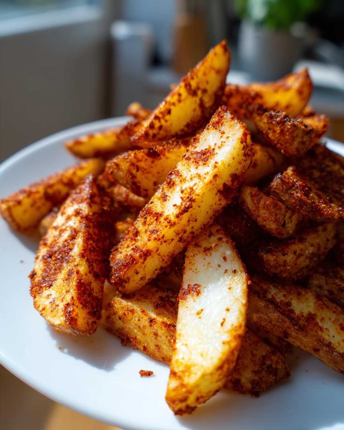A close-up pile of golden, crispy air fryer potato wedges heavily seasoned with paprika or chili powder.