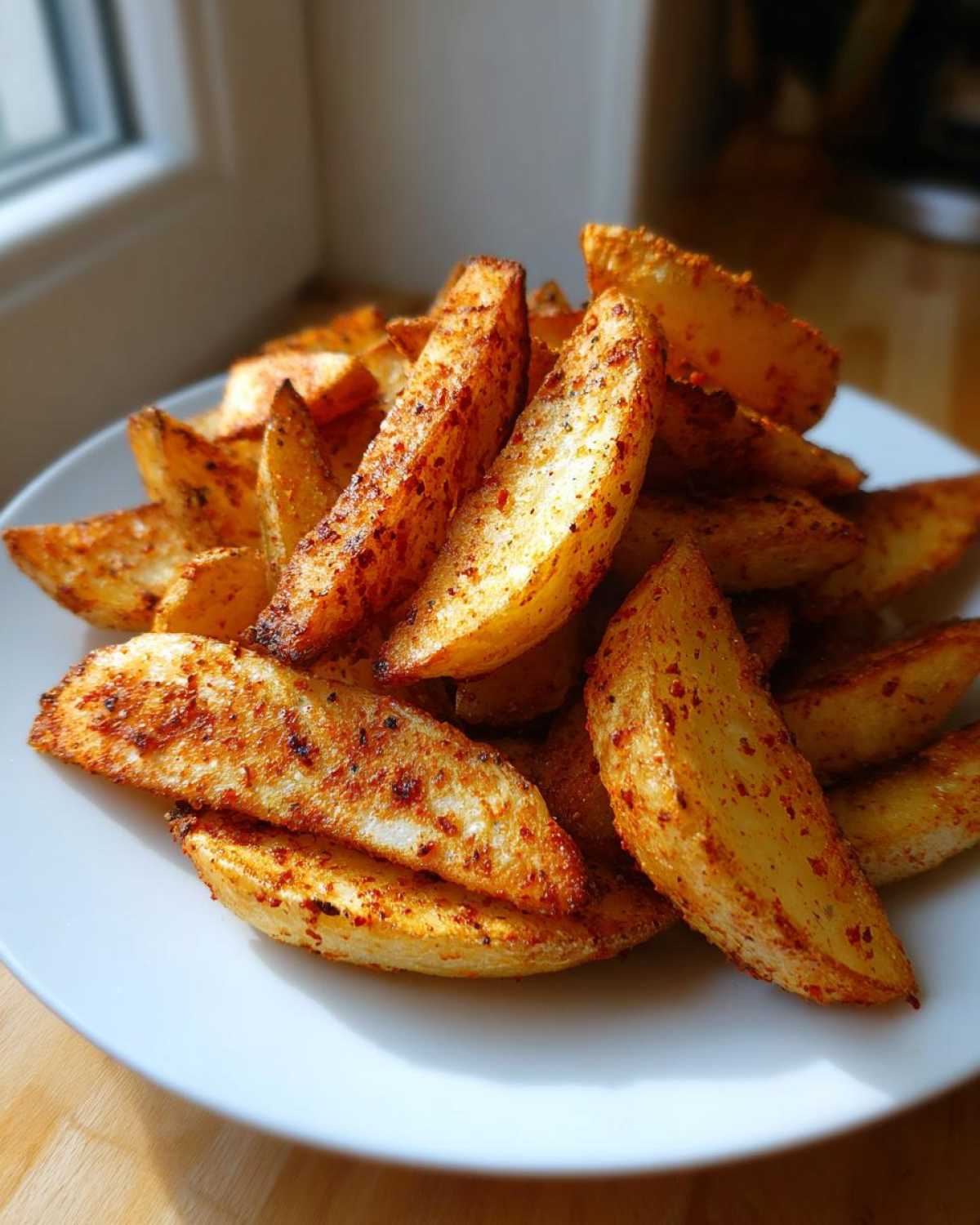 A close-up of perfectly seasoned and crispy air fryer potato wedges piled high on a white plate.