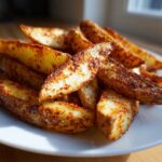 A close-up of perfectly crispy, seasoned air fryer potato wedges piled high on a white plate.