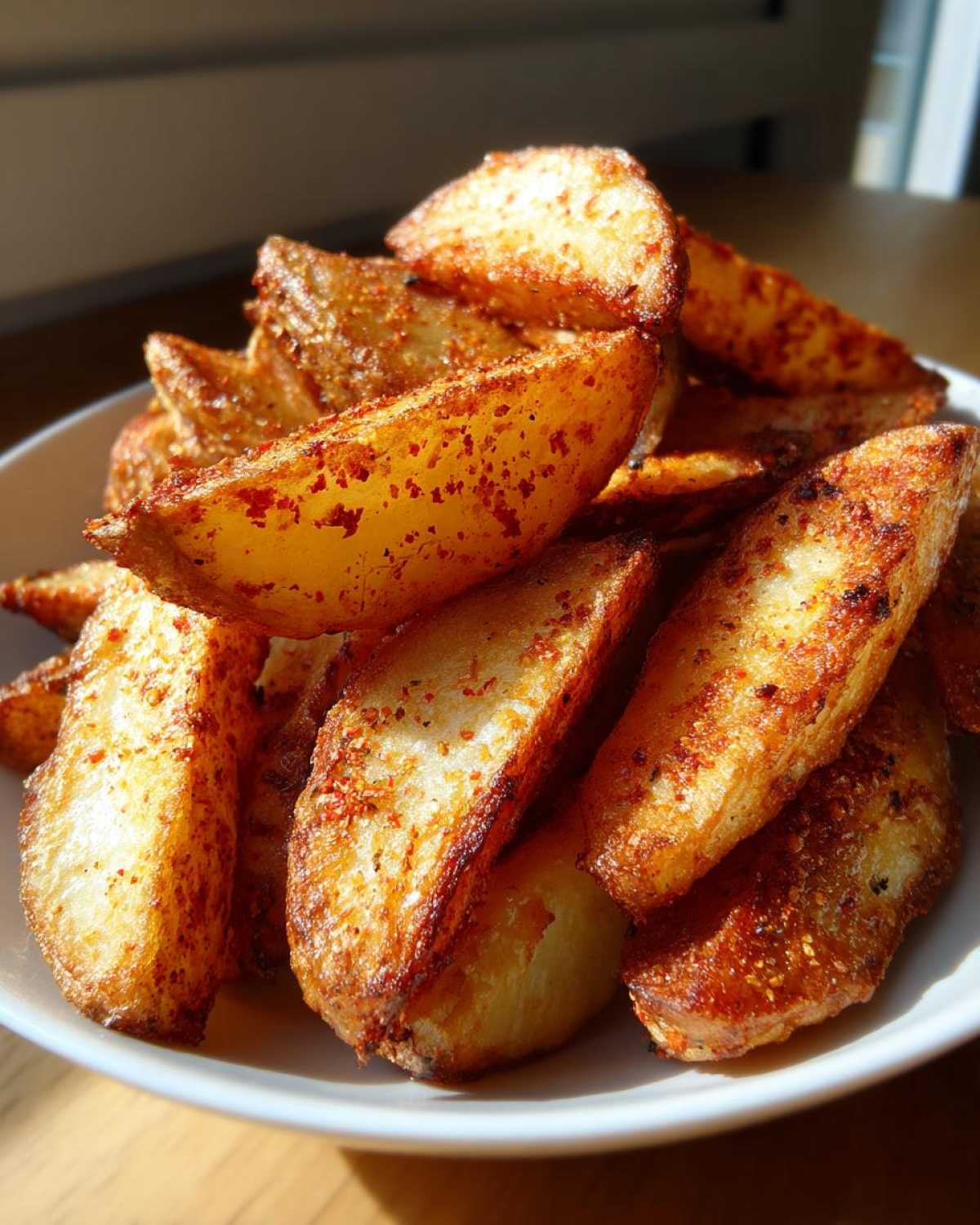 A close-up view of a pile of golden brown, crispy air fryer potato wedges dusted with red seasoning.