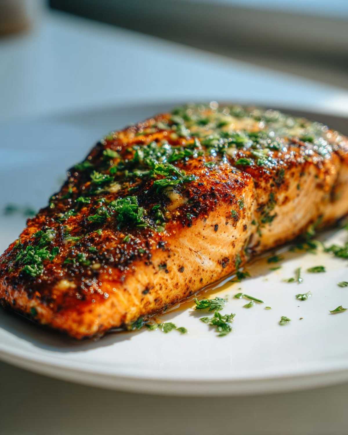 A perfectly cooked, crispy air fryer salmon fillet seasoned and topped with fresh green herbs on a white plate.
