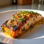 A perfectly cooked, crispy air fryer salmon fillet glistening with glaze and topped with fresh parsley.