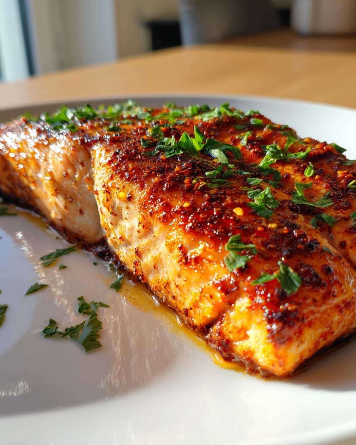 Close-up of a perfectly cooked, crispy air fryer salmon fillet topped with a spicy glaze and fresh parsley.