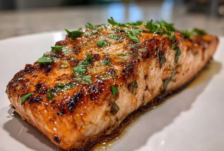 Close-up of a perfectly cooked, crispy air fryer salmon fillet topped with a shiny glaze and fresh parsley.