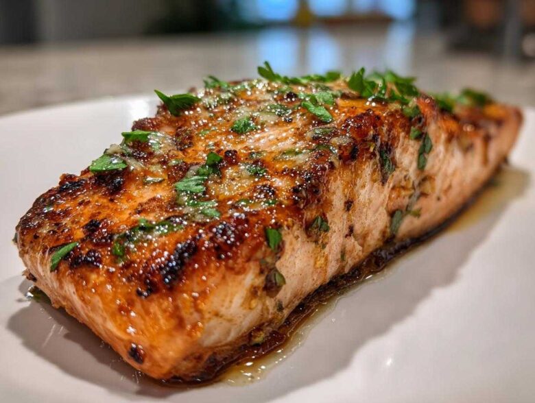 Close-up of a perfectly cooked, crispy air fryer salmon fillet topped with a shiny glaze and fresh parsley.