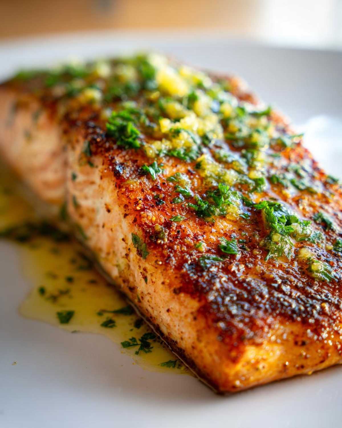 Close-up of a perfectly cooked, crispy air fryer salmon fillet topped with lemon zest and fresh parsley.