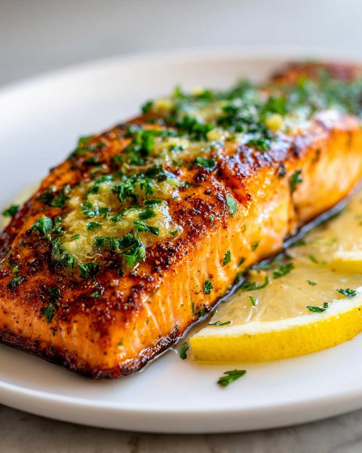 Close-up of a perfectly cooked, crispy air fryer salmon fillet topped with melted butter, garlic, and fresh parsley, served with lemon slices.