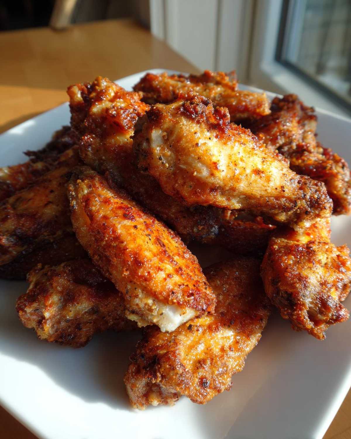 A close-up of a pile of golden brown, seasoned crispy baked chicken wings served on a white square plate.