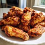 A close-up of a mound of golden brown, crispy baked chicken wings piled high on a white plate.