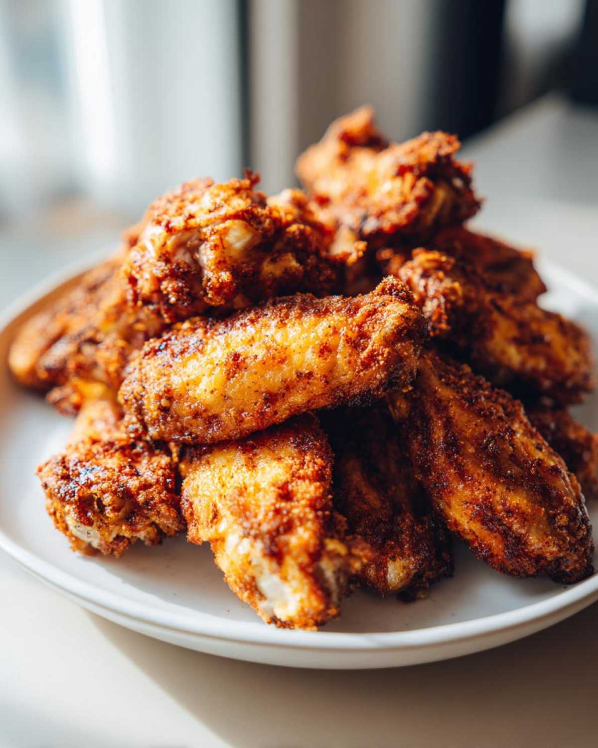 A mound of golden brown, seasoned, crispy baked chicken wings piled high on a white plate.