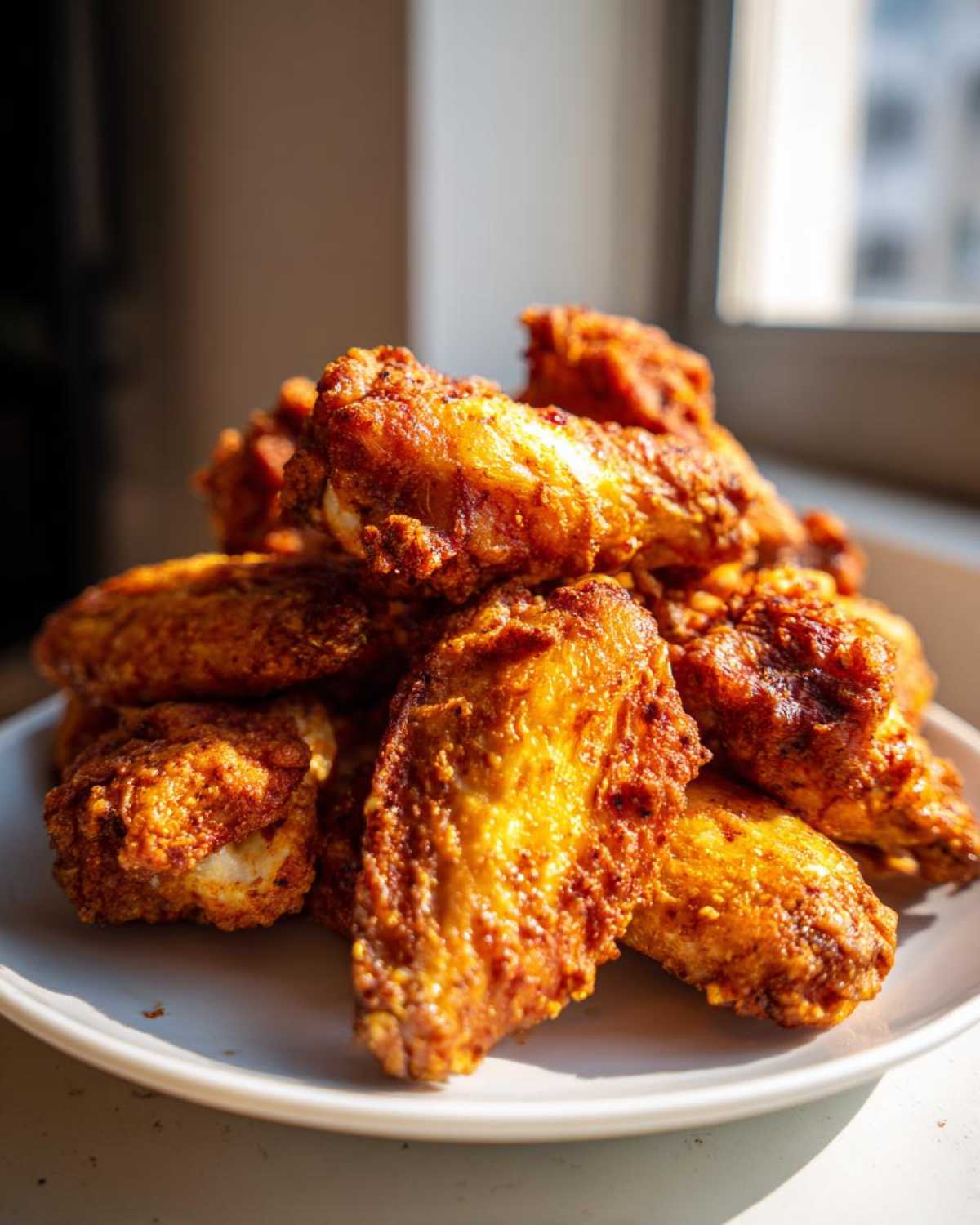 A close-up of a pile of golden brown, crispy baked chicken wings sitting on a white plate near a window.
