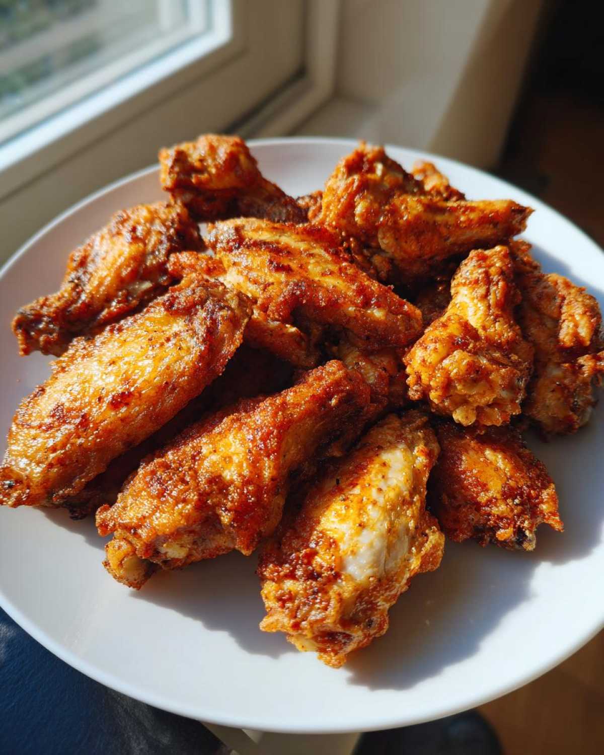 A pile of golden brown, seasoned crispy baked chicken wings served on a white plate near a window.